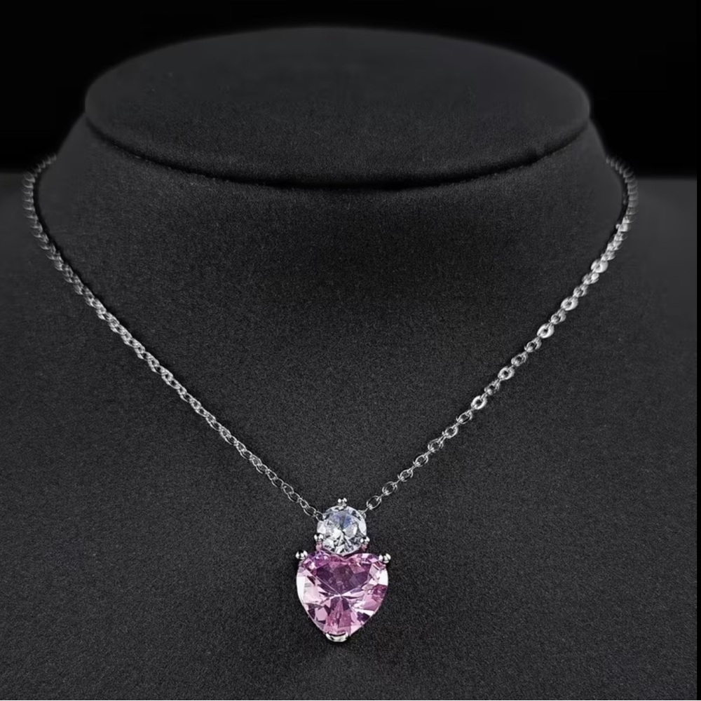 Silver Necklace with Pink Heart Pendant NWOT - Picture 2 of 3
